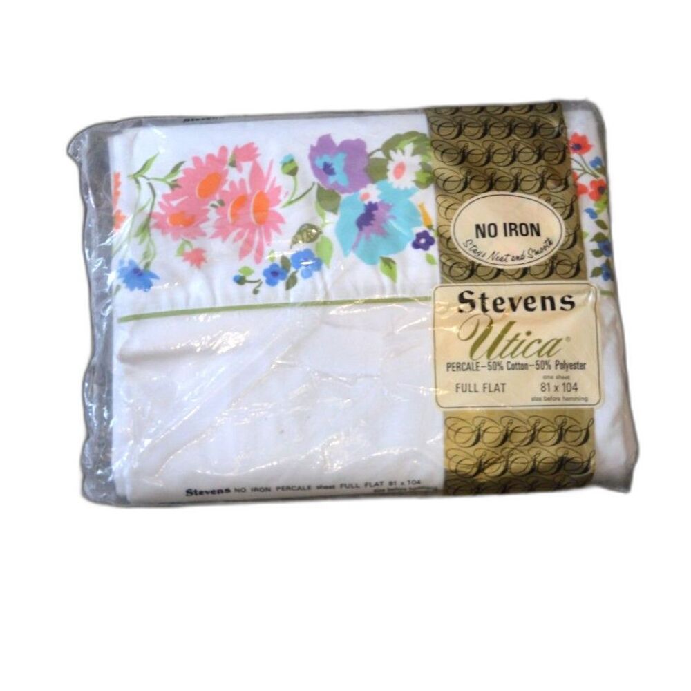 NOS 70s Vintage Stevens Utica Floral Full Flat NIP No Iron Flower Patch Sheet